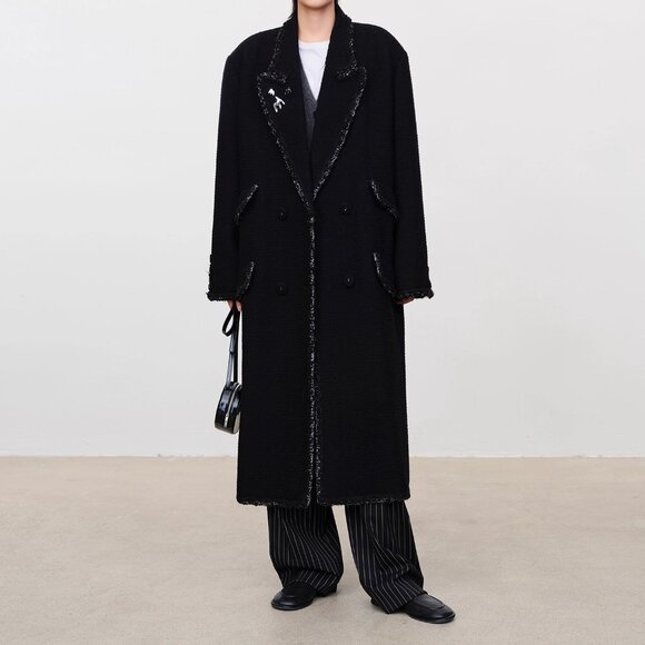 CHICJOC LEBOY Black Wide Shoulder BF Coat Luxury 100% Wool size 36 - Picture 3 of 13